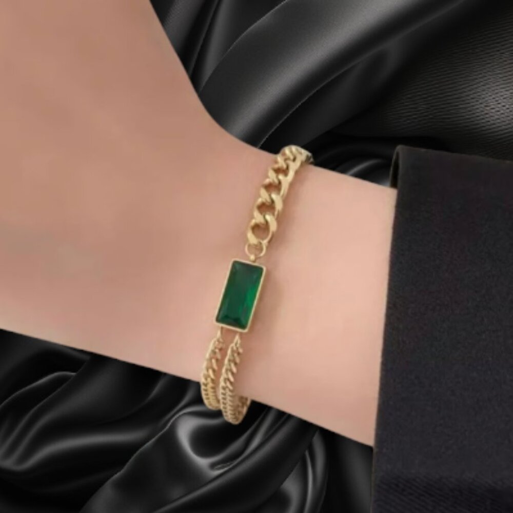 Gold Chain Bracelet Emerald Green Stone Double Link Luxe